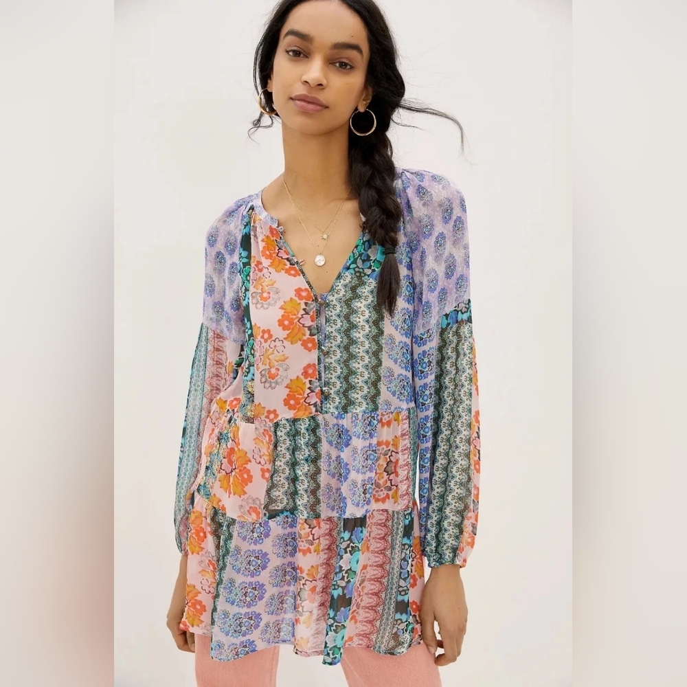 Anthropologie Maureen Patchwork Floral Babydoll Tunic Blouse Xs XSmall Euc $118